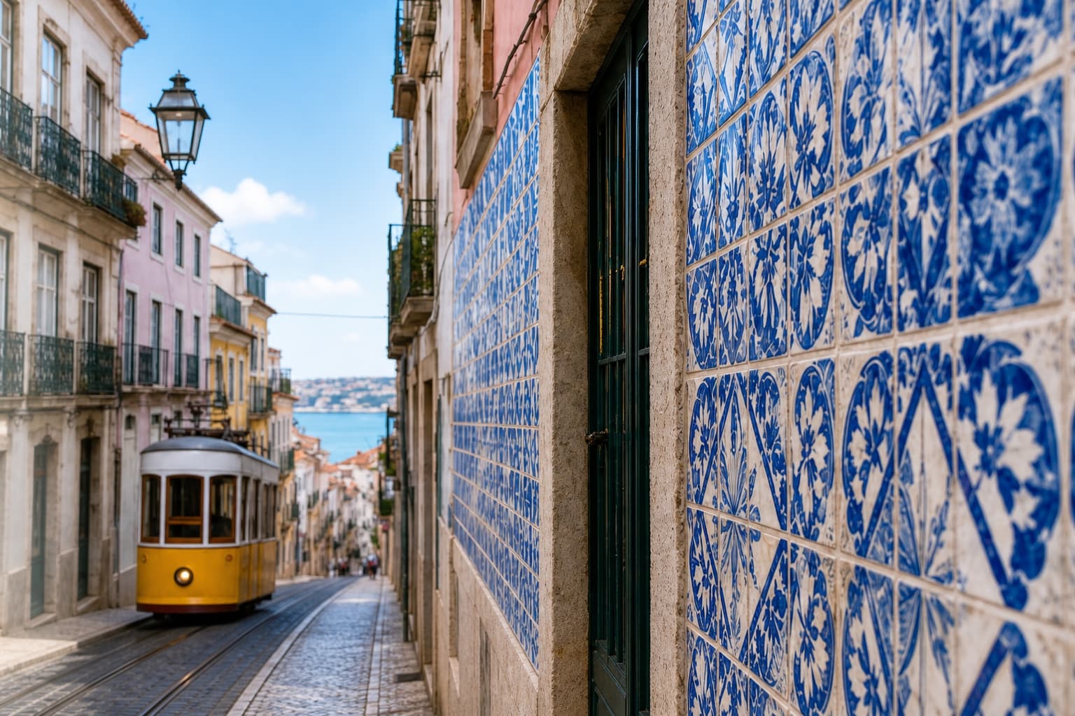 Lisbon tram and azulejo tiles